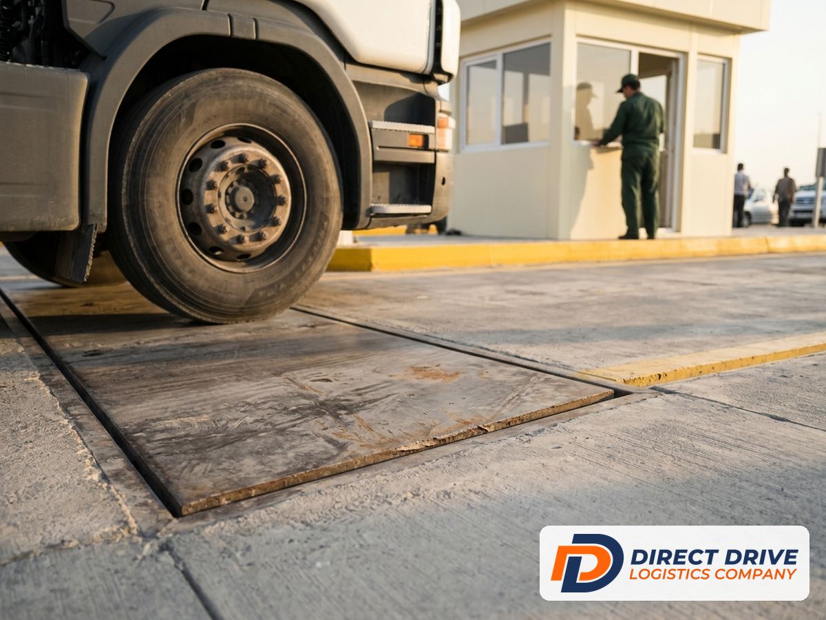 Close detail of a weighbridge plate with a truck wheel at its edge.