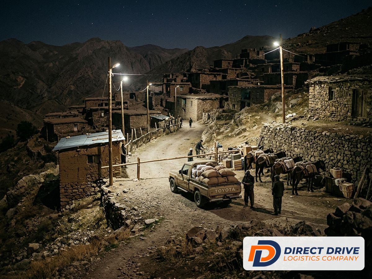 معبر محلي صغير في منطقة جبلية تضيئه أعمدة إنارة ليلاً مع أكياس وبغل