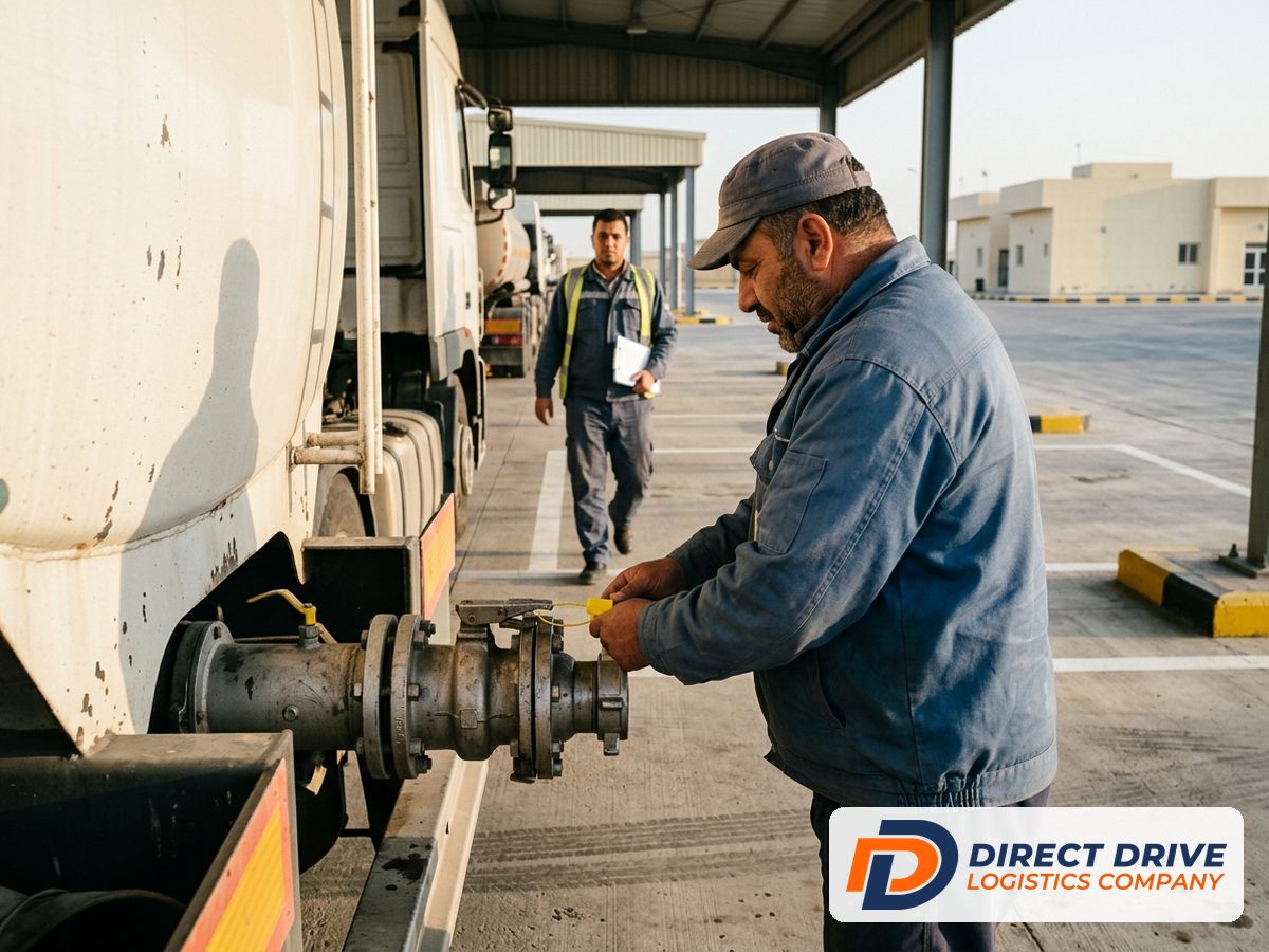 An inspector seen from behind checks the rear valve seal of a white tanker