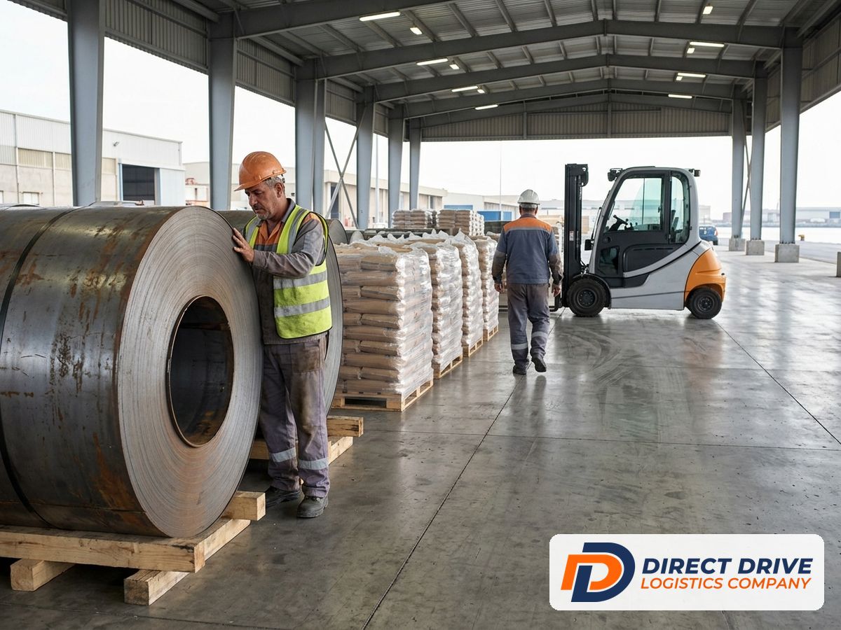 A worker checks steel coils and pallets inside a covered cargo shed