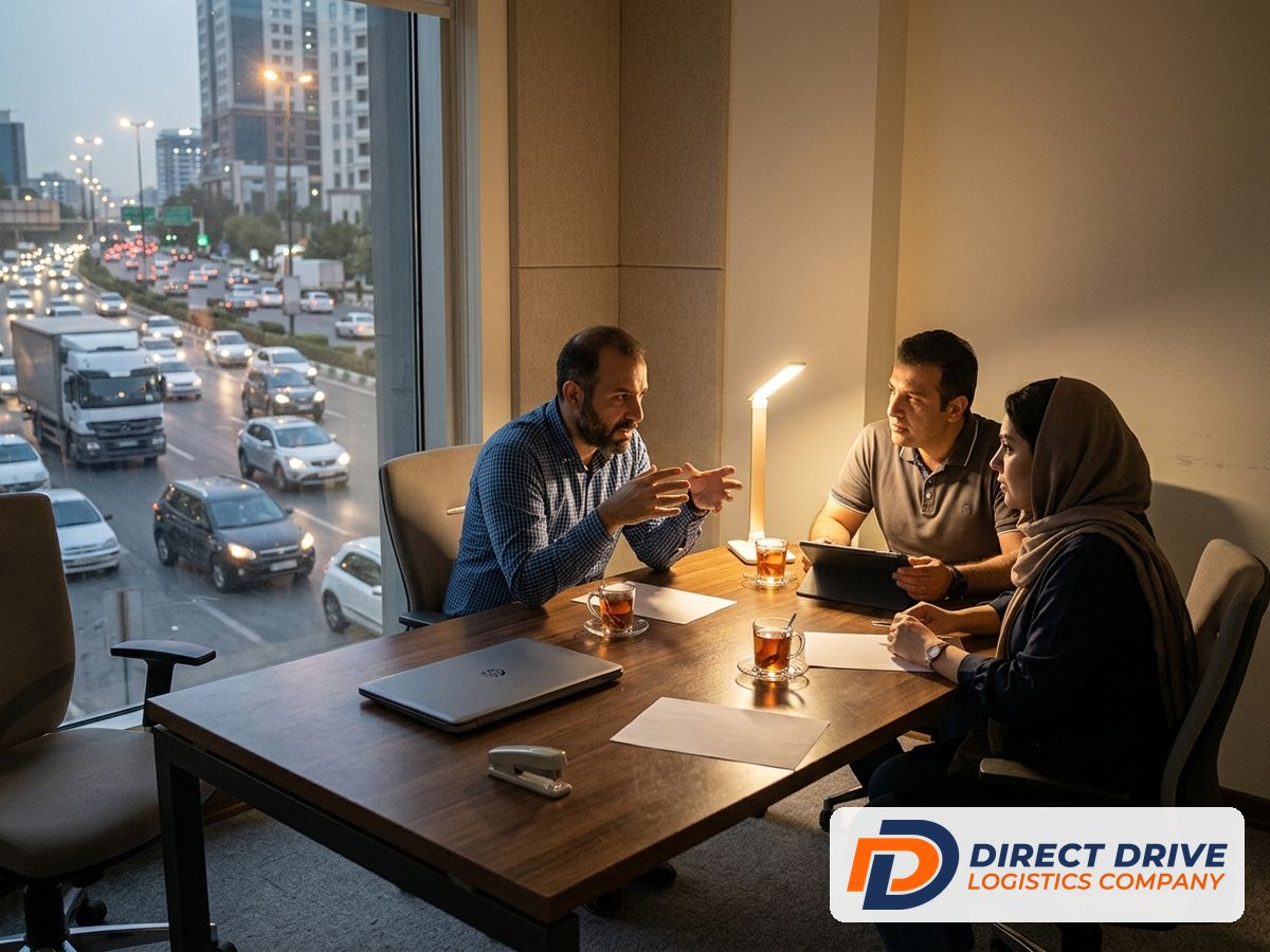 سه همکار دور میز جلسه در نور گرم چراغ‌های رومیزی گفتگو می‌کنند