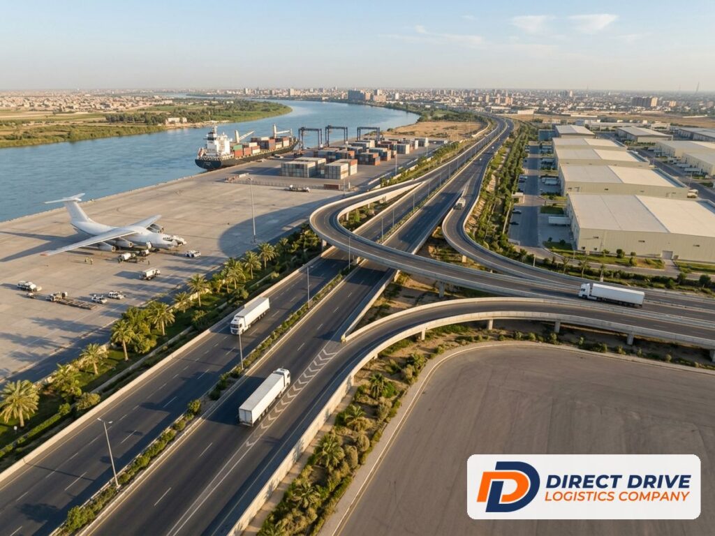 تظهر من الأعلى شاحنات على طريق سريع حديث وسفينة حاويات في ميناء وطائرة شحن، ضمن مركز لوجستي ضمن موضوع طرق الشحن الى العراق