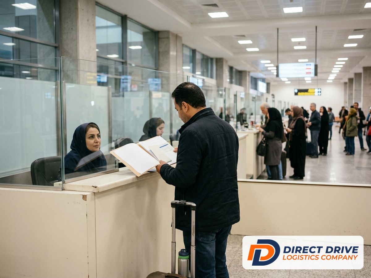 مسافر من الخلف يراجع ملف وثائقه أمام موظف في صالة حديثة