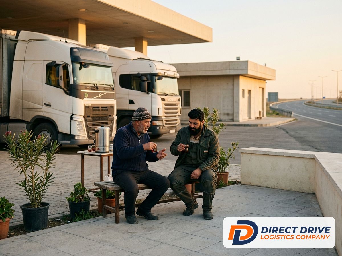 Two drivers sit with tea beside their parked trucks at a modern rest area.
