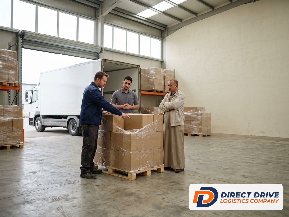 Three logistics colleagues discuss a wrapped pallet inside a bright warehouse