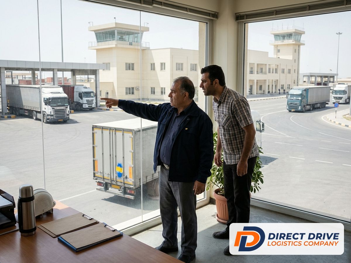 دو همکار لجستیک کنار پنجره بزرگ به محوطه ترمینال نگاه می‌کنند