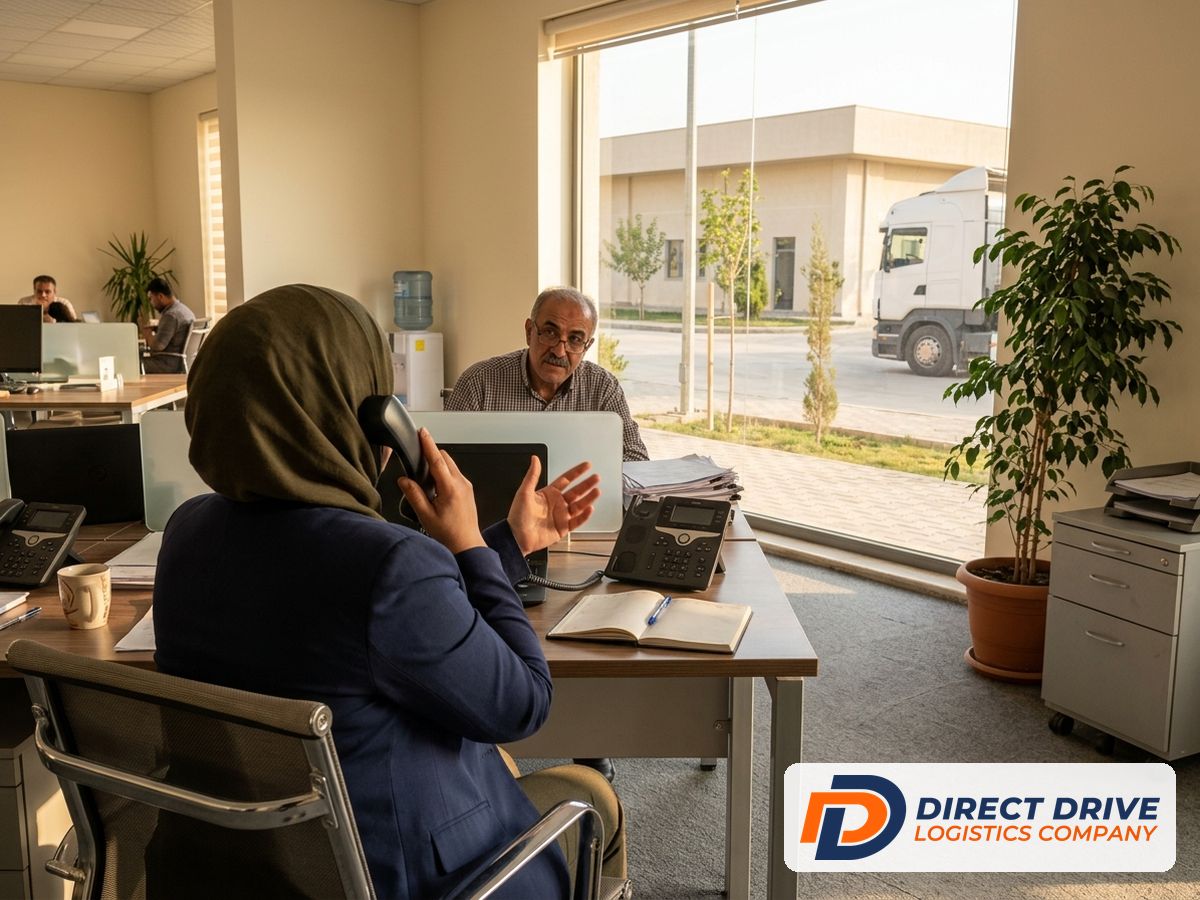 منسقة شحن من الخلف على مكتبها في مكتب حديث مشمس