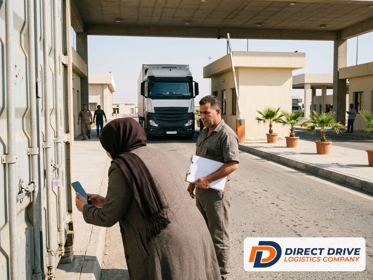 Over-the-shoulder view of a woman documenting a container at a gate