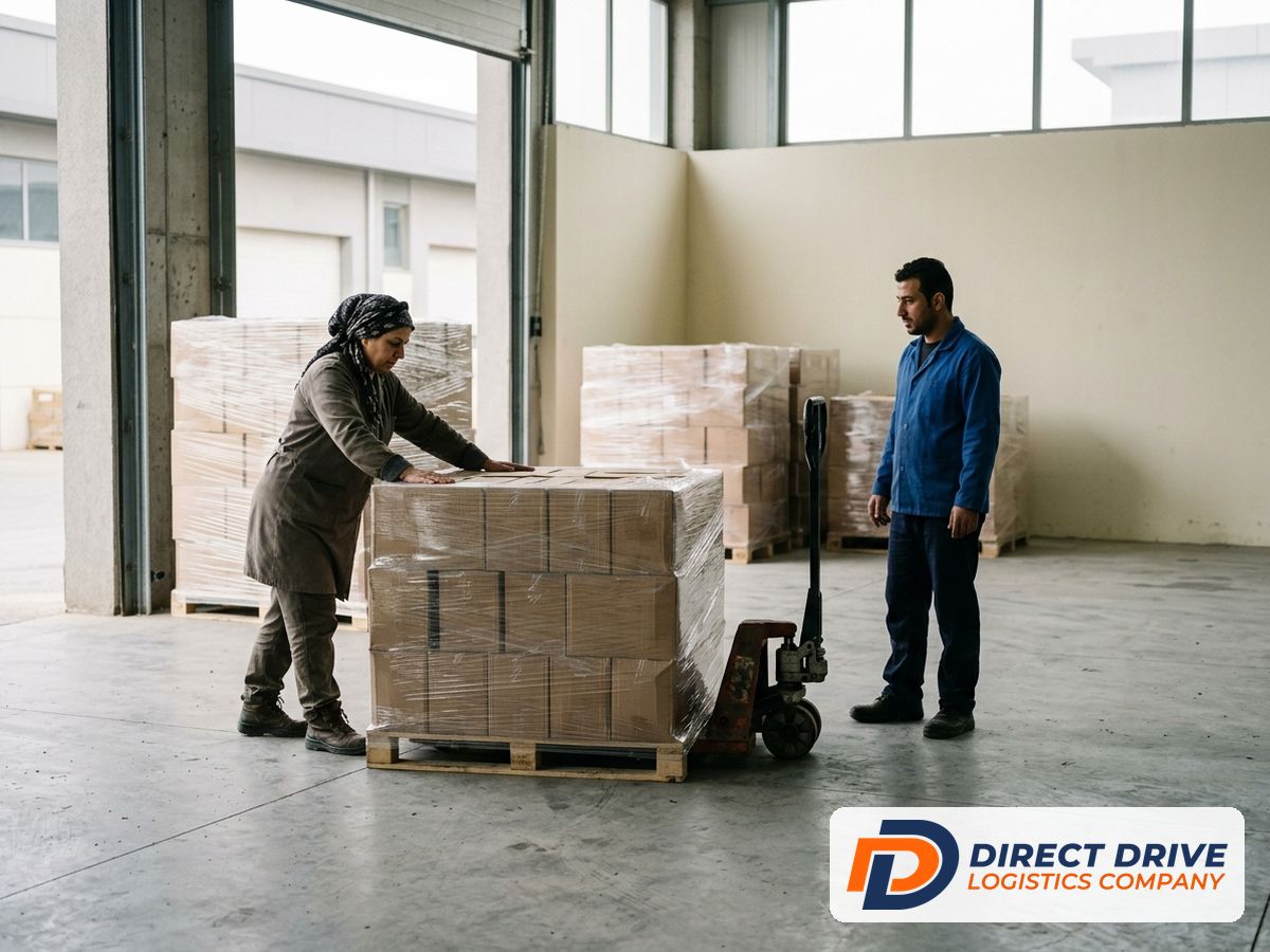 A woman tests the top of a wrapped pallet while a colleague watches
