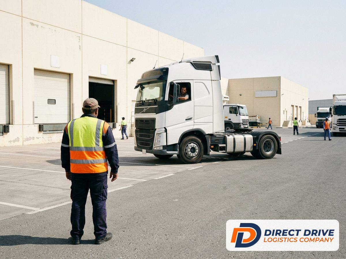 A supervisor seen from behind watches a truck reverse to a dock door.