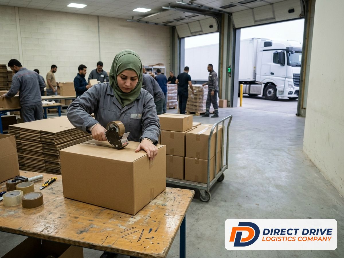 A woman in a headscarf tapes a carton shut at a packing bench