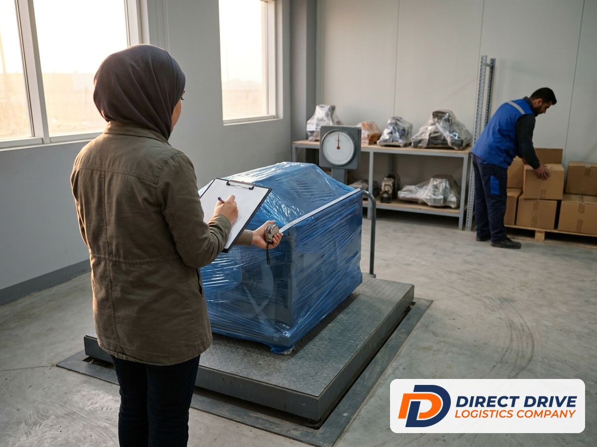 A woman seen from behind measures a wrapped machine part on a platform scale in a warehouse